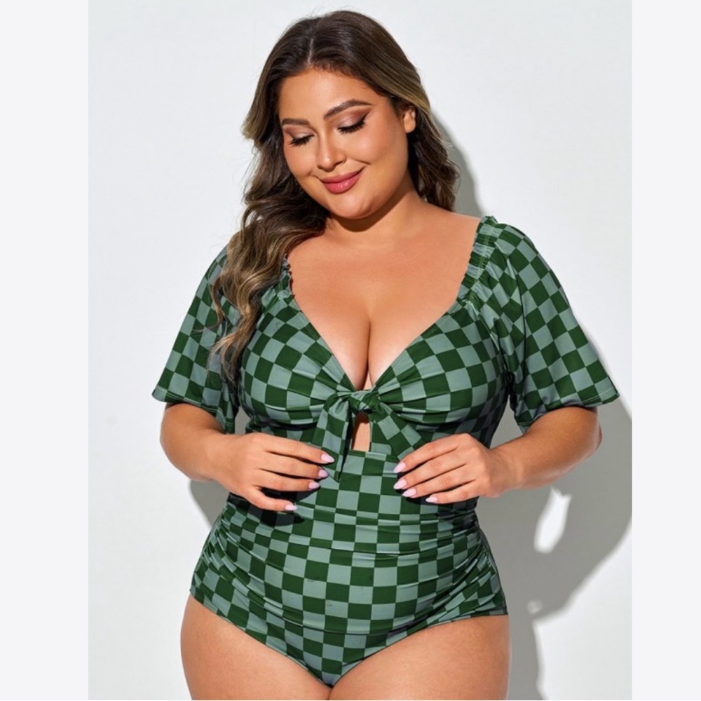 NWT Meet Curve Green Check One Piece Swimsuit V-Neck Mesh Low Back - Picture 1 of 7